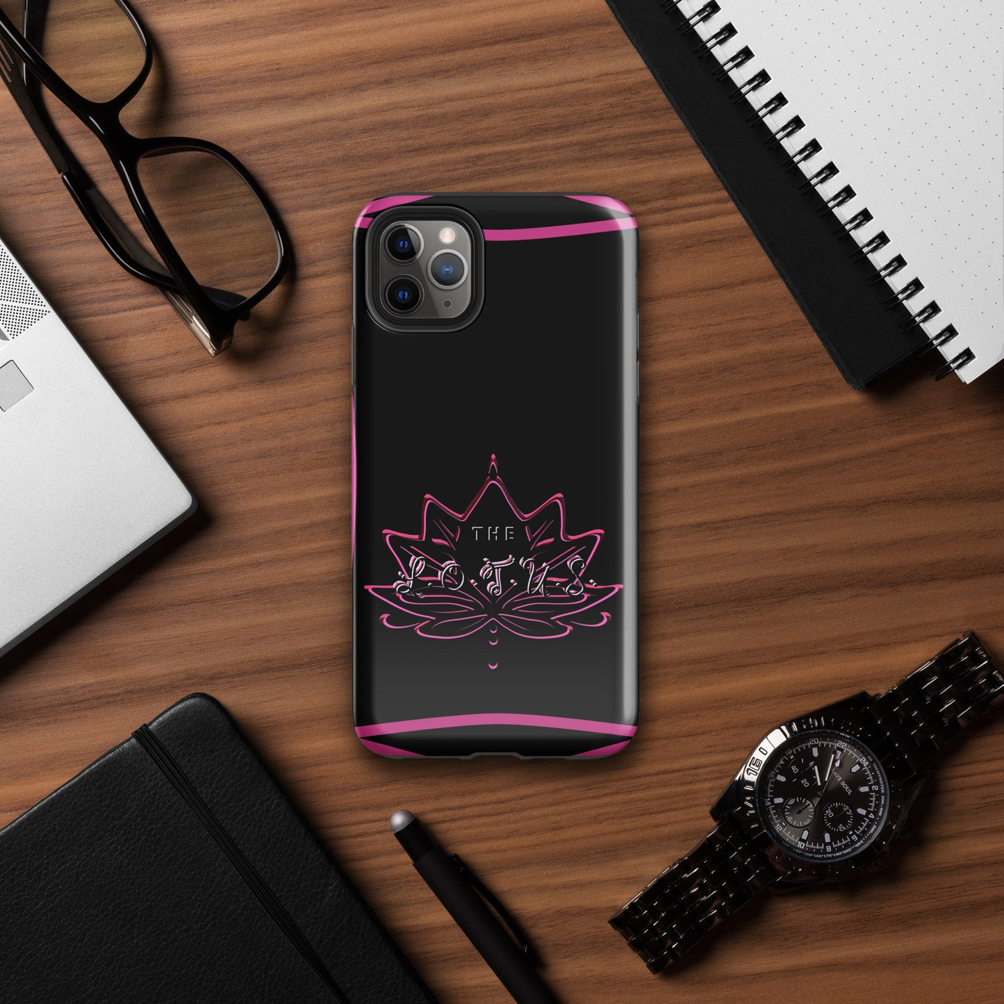 'The LOTUS' Pink Logo - Black Tough Case for iPhone®